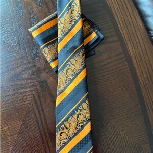 Elegant Black and orange Striped Men's Tie and Handkerchief
